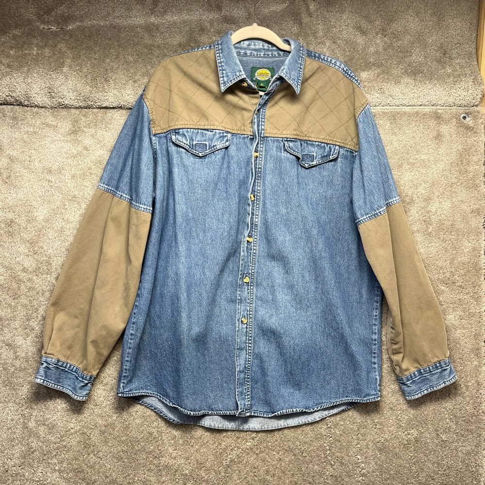 Cabelas Mens XL Tall Denim‎ Canvas Shooting Shirt Quilted Shoulder Two Tone Blue